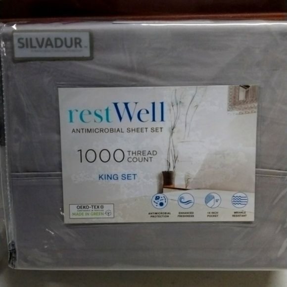 RestWell Anti-Microbial 1000 Thread Count 4 Pc. Sheet Set, King Bedding-Grey - Picture 2 of 6